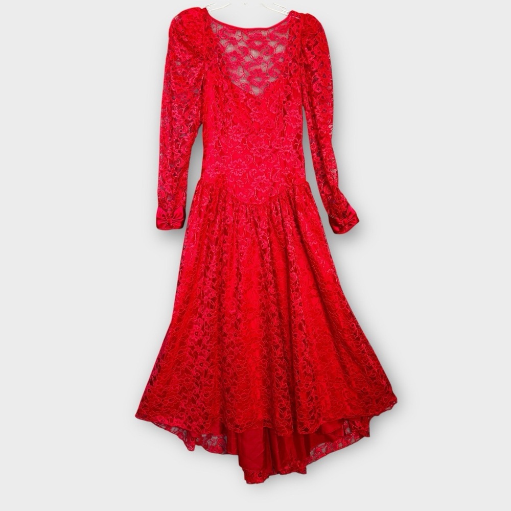 VTG Gown Red Lace Prom Dress Womens S/M Pageant 80s USA Bow Back Long Low Back